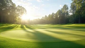 A serene golf course at sunrise, showcasing vibrant green grass and gentle undulations, creating a peaceful atmosphere for early morning play. photo