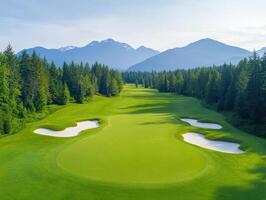 A stunning aerial view of a golf course lined with lush trees and serene ponds, framed by majestic mountains in the background under a clear blue sky. photo
