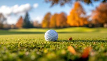 Close-up of a golf ball on a lush green putting green surrounded by colorful autumn foliage, capturing the essence of a perfect day for golf. photo