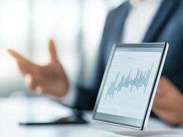 A businessman discussing analytics on a tablet, showcasing data graphs with a blurred office background. photo