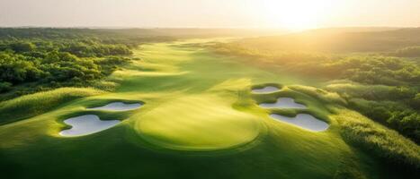 A stunning aerial view of a golf course during sunrise, showcasing lush green fairways, sand traps, and vibrant nature in the background. photo