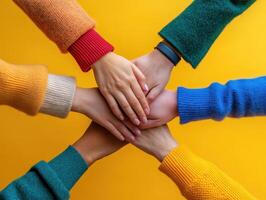 A group of hands of diverse individuals, displaying unity and collaboration, set against a vibrant yellow background. photo