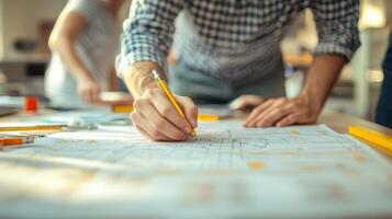 A close-up of a person's hand sketching on a blueprint at a desk filled with drafting tools and materials, emphasizing creativity and design in a collaborative workspace. photo