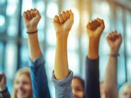 Group of diverse individuals raising their fists in solidarity, expressing unity and empowerment in a contemporary setting. White isolated background for emphasis. photo