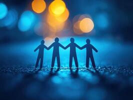 Four paper cutout figures holding hands against a blurred blue and yellow background, symbolizing friendship, unity, and connection. photo