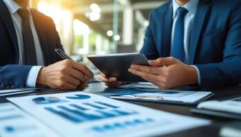 Two professionals discussing reports and analytics during a business meeting in a modern office environment. Focus on tablet and papers with financial graphs and charts. photo