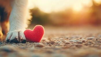 A close-up of a dog's paw gently resting beside a red heart on the ground, symbolizing love and companionship in a warm outdoor setting. photo