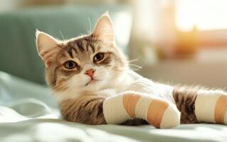 A cute and injured cat rests on a bed, showcasing its bandaged paws photo