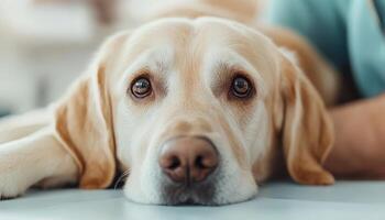 A close-up view of a Labrador dog resting its head on a surface, showcasing its expressive eyes and soft fur in a cozy environment. photo