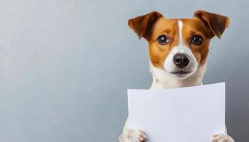 A cute dog holding a blank white sign, with a soft gray background, displaying an expressive face and bright eyes, perfect for pet-related promotions or advertisements. photo