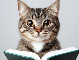 A curious cat intently gazes at an open book, showcasing its adorable features and big eyes, emphasizing the playful connection between pets and reading. photo