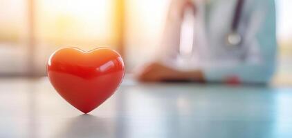 A vibrant red heart symbolizing love and care, placed on a table with a doctor in the background, representing health, compassion, and professionalism. photo