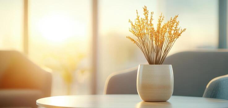 A beautiful dried flower arrangement in a modern vase, elegantly placed on a table with warm sunlight streaming through the window, creating a cozy and inviting atmosphere. photo