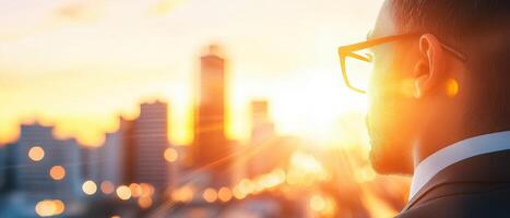 A business professional gazes at a stunning sunset from a cityscape, symbolizing ambition and future opportunities in a dynamic urban setting. photo