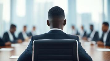 A professional silhouette of a person in a suit, seated at a corporate boardroom table, facing a group discussion in a modern business environment. photo
