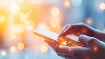 Close-up of hands holding a smartphone with glowing lights and bokeh effect in the background, representing modern communication and digital connectivity. photo