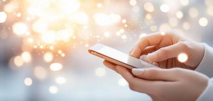 A close-up view of hands using a smartphone, showcasing interaction with a touch screen amidst a softly illuminated background. photo