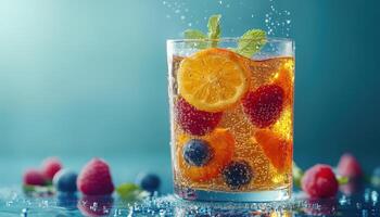 A refreshing beverage with fizzy bubbles, garnished with vibrant fruits like oranges, raspberries, and blueberries, set against a cool blue background. photo