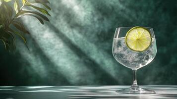 A refreshing drink with a slice of lime in a glass, set against a dramatic green background with soft light and subtle shadows, creating a vibrant and inviting atmosphere. photo