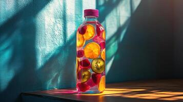 A vibrant fruit-infused water bottle filled with sliced citrus fruits, sitting on a table with colorful shadows in the background. photo