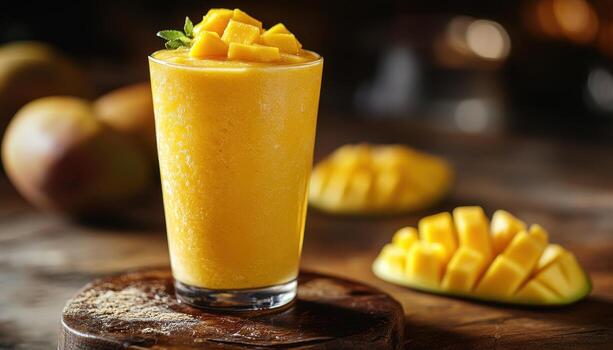 A refreshing mango smoothie topped with fresh mango slices, served in a clear glass on a rustic wooden surface, perfect for summer days or a healthy treat. photo
