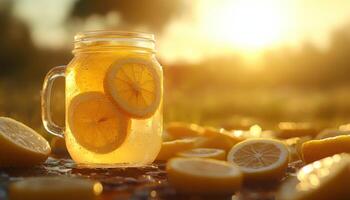 Refreshing lemonade in a glass jar, filled with fresh lemon slices, surrounded by lemon halves on a sunny day, creating a vibrant and inviting summer beverage scene. photo
