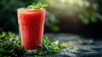 Refreshing watermelon juice served in a glass, garnished with mint leaves on a dark surface with blurred green background. photo