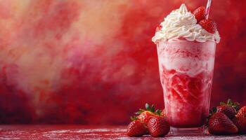 Delicious strawberry milkshake topped with whipped cream and fresh strawberries, set against a colorful abstract background. photo