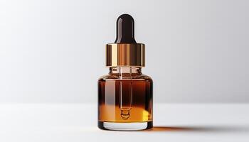 A visually appealing dropper bottle filled with golden liquid, set against a minimalistic white background, ideal for beauty, wellness, or cosmetic product presentations. photo