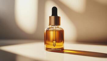 A luxurious amber dropper bottle sits elegantly on a surface, illuminated by soft natural light, highlighting the richness of the oil inside. photo