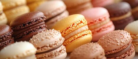 A colorful assortment of macarons displayed on a decorative surface, showcasing various flavors and vibrant hues. Perfect for dessert lovers and pastry enthusiasts. photo