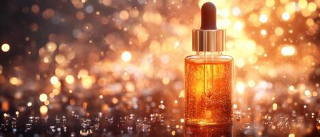 A sparkling glass dropper bottle filled with amber liquid, surrounded by shimmering bokeh lights, creating a magical and enchanting atmosphere. photo