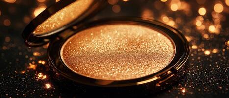 A luxurious golden highlighter compact glimmers in soft lighting, showcasing its shimmering texture and perfect for enhancing beauty looks. photo