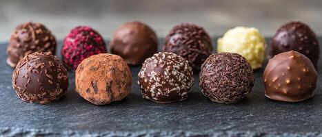 An assortment of decadent chocolate truffles displayed on a dark stone surface, featuring various toppings and flavors, perfect for desserts or indulgent treats. photo