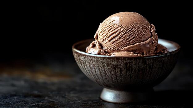 Delicious chocolate ice cream served in a rustic bowl, highlighting the creamy texture and rich color against a dark background, perfect for dessert lovers. photo
