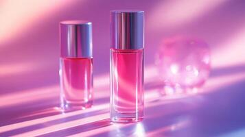 Stylish perfume bottles with vibrant pink liquid, illuminated by soft pastel lighting, creating an elegant and luxurious atmosphere. photo