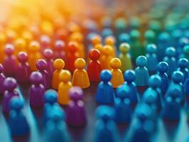 Colorful figurines representing diversity in a group. Bright colors symbolize unity and individuality among people, emphasizing collaboration in a vibrant environment. photo