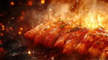 A beautifully grilled piece of meat, sizzling and caramelized, with vibrant flames in the background, showcasing a rich texture and appetizing appearance. photo
