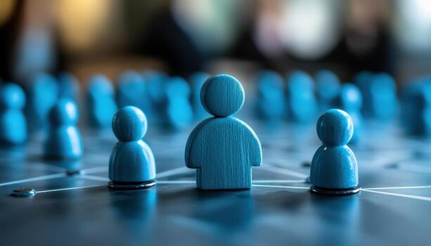 Three blue figurines representing teamwork, collaboration, and networking among people in a professional environment. photo