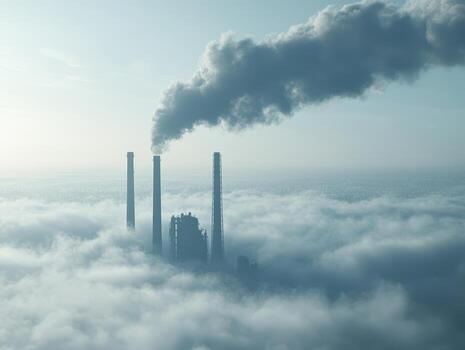 Aerial view of industrial smokestacks emitting vapor into a misty atmosphere, illustrating issues of pollution and environmental impact. photo