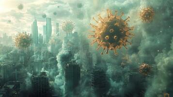 A dystopian urban landscape engulfed by ominous clouds and large virus models floating above skyscrapers, illustrating the impact of viruses on modern society. photo