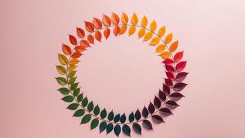 Colorful leaves arranged in a circle on a pink background photo