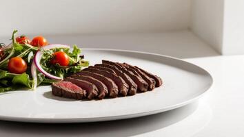 A steak on a white plate with a salad photo