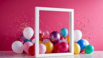 A white frame with colorful balloons and confetti photo