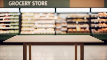 Table in grocery store with blurred background photo