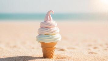 Ice cream cone on the beach with sun in background photo