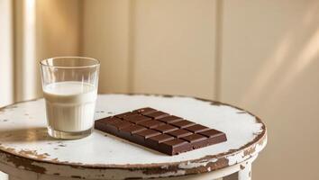 A glass of milk and a chocolate bar on a table photo