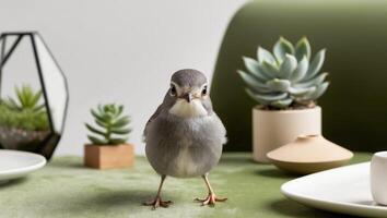 A small bird standing on a table with a plate and cup photo