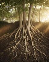 Tree roots with sunlight coming through them photo