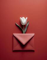 White tulip in red envelope on red background photo